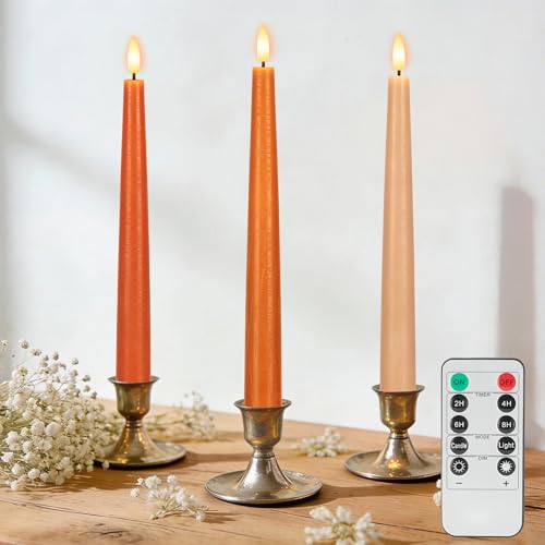 Flameless Taper Candles with Remote, 9.6" Battery Operated Flickering LED Candlesticks, Real Wax Warm Earth Tone Taper Candles for Wedding Centerpieces, Dinner Table, Mantel, Window, 3 Pack - color: Gradient Orange