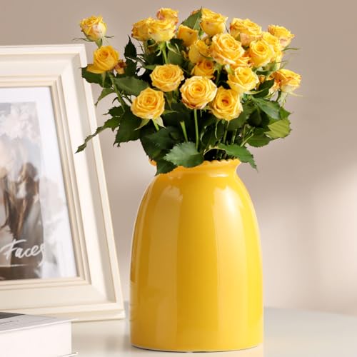 hjn Yellow Flower Vase- Ceramic Vase for Decor, Decor vase for Flowers, Modern Vases for Living Room/Home Decor Accents/Entryway/Mantel/Bookshel-Yellow - color: Yellow-8.5inch