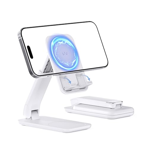 iWALK Magnetic Cell Phone Stand for Desk, Angle and Height Adjustable Mobile Phone Holder, Foldable Magnet Stand for iPhone 17 16 15 14 13 12 Pro Max and iPad, Cell Phone Holder for Samsung, White - color: White