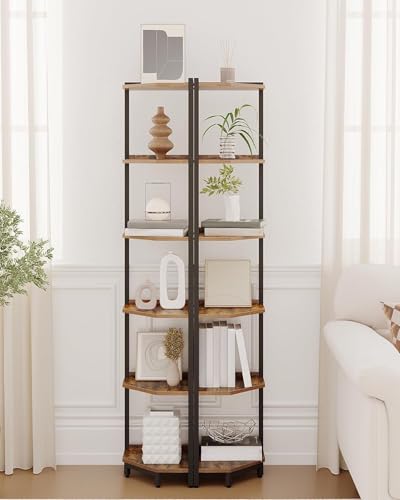 Hzuaneri Corner Shelf Stand, Corner Bookshelf, Storage Standing Shelf Unit with Metal Frame, Plant Stand, Bookcase for Living Room, Home Office, Bedroom, 6-Tier Rustic Brown CS06001B - color: Rustic Brown, size: 6 Tier