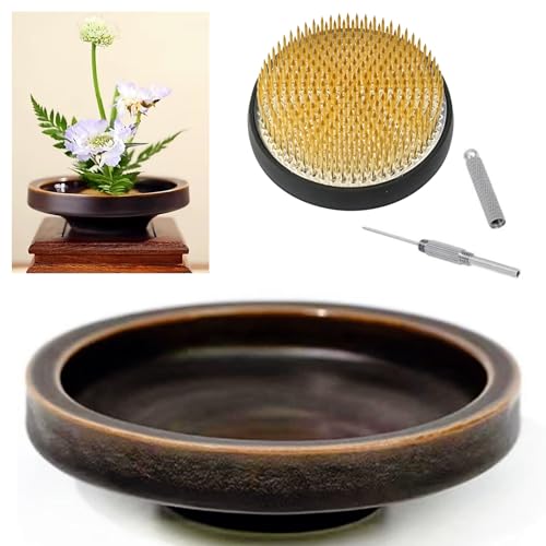 Japanese Classical Ikebana Vase Kit, Minimalist Ceramics Flower Pot Flower Shallow Container with 2.4inch Flower Frog and 2-in-1 Flower Arrangement Kenzan Needle Straightening Tool - color: Glaze Color