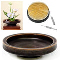 Japanese Classical Ikebana Vase Kit, Minimalist Ceramics Flower Pot Flower Shallow Container with 2.4inch Flower Frog and 2-in-1 Flower Arrangement Kenzan Needle Straightening Tool - color: Glaze Color