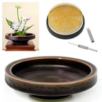 Japanese Classical Ikebana Vase Kit, Minimalist Ceramics Flower Pot Flower Shallow Container with 2.4inch Flower Frog and 2-in-1 Flower Arrangement Kenzan Needle Straightening Tool - color: Glaze Color