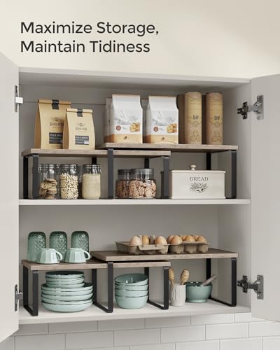 SONGMICS Cabinet Organizer Shelf, Set of 2 Kitchen Counter Shelves, Kitchen Storage, Spice Rack, Stackable, Expandable, Metal and Engineered Wood, Ink Black and Heather Greige UKCS200X02 - color: Ink Black + Heather Greige, size: 15.6"W