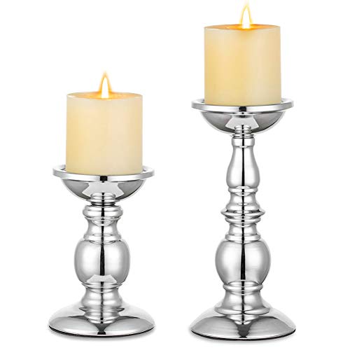 Nuptio Pillar Candle Holders Metal Candle Holder Ideal for 3 inches Candles, Silver Candle Holder for Living Room, Gardens, Spa, Aromatherapy, Incense Cones, Wedding, Party, 2 Pcs - color: Silver, size: S + L