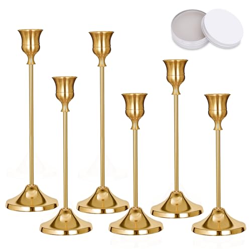 Candlestick Holders, 6 PCS Brass Gold Metal Taper Candle Holder with Adhesive Wax fits 3/4 Inch Long Candles, Vintage Modern Candle Holders for Table Mantel Wedding Housewarming Gift
