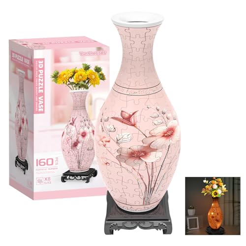 3D Puzzles Vase for Adults, Birthday Gifts for Women, 160 Pieces Plastic DIY Unique Flower Vase with LED Light, Crafts for Adults House Warming Gift for Flower Arrangements and Home Decor (Pink) - color: Pink