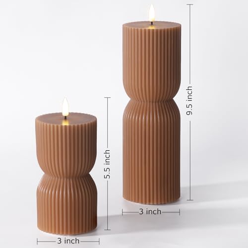 Warm Brown Ribbed Flameless Pillar Candles with Remote, Real Wax Flickering Battery LED Candles Christmas Decor Gift Set of 2 - color: Amber Brown