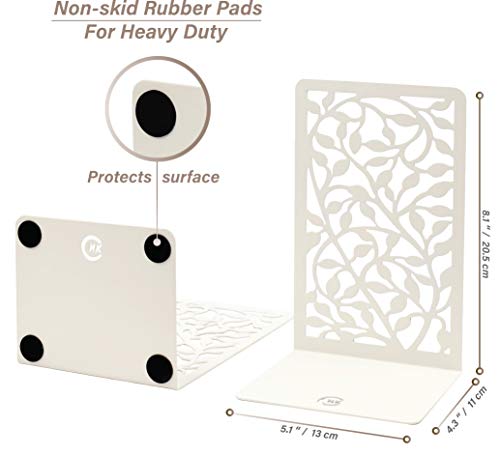 CNK Infinite Leaves Bookends - Metal Set of 2 for Heavy Books, Home Office & Decorative Book Stoppers - color: White