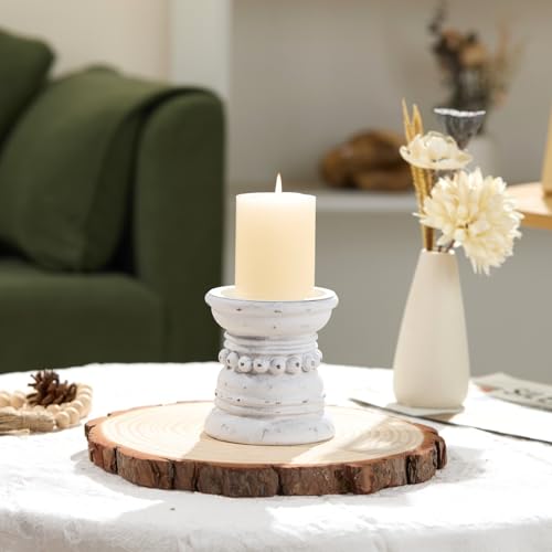 Wooden Candle Holder with Metal Cup - Rustic 4 Inch Pillar Candles Pedestal Stand for Tabletop, Fireplace, Decorative Beaded Candlestick Holders for Farmhouse Vintage Home Decor - White - color: Distressed White