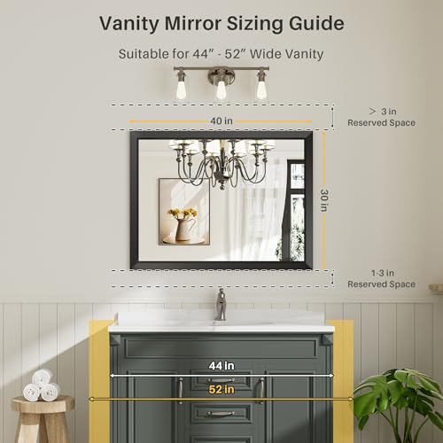 Briivue 40x30 Inch Black Bathroom Mirror for Wall, Thick Metal Framed Rectangle Mirrors for Over Sink, Bedroom, Living Room, Entryway, Anti-Rust, HD Tempered Glass - color: Black, size: 40"L x 30"W