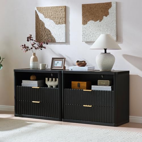 LEYAOYAO 31" Wide Fluted Nightstand with Charging Station, Oversized Extra Large 2 Drawers Night Stand,Black Wood Bedside Table,Tall Bed Side End Tables,Modern Chest of Drawers Dressers for Bedroom - color: Black, size: 2 Drawers