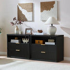 LEYAOYAO 31" Wide Fluted Nightstand with Charging Station, Oversized Extra Large 2 Drawers Night Stand,Black Wood Bedside Table,Tall Bed Side End Tables,Modern Chest of Drawers Dressers for Bedroom - color: Black, size: 2 Drawers