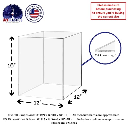 12 Inch Wide x 16 Inch High Clear Acrylic Display Box with One Open Side No Lid Versatile Tall Plexiglass Retail Product Riser Storage Bin or Wedding Floral Centerpiece Pedestal by Marketing Holders - color: Clear, size: 12"w x 12"d x 16"h