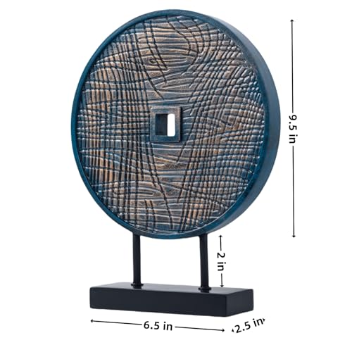 Unique Round Coin Sculpture Decorative Objects for Shelf Home Decor Accents, Modern Abstract Tabletop Decor Items for Living Room Fireplace Mantel, Above Cabinet (Blue) - color: Blue