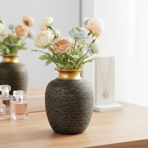 Black and Gold Vases Home Decor, 7 Inch Ceramic Flower Vase for Centerpieces, Modern Textured Decorative Vase for Living Room, Outdoor Table, Office Desk, Night Stand Decor - color: Black and Gold