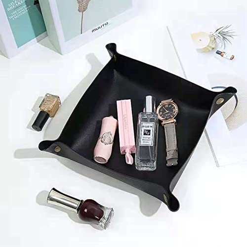 Valet Tray, Leather Tray, Small Catchall Tray, Foldable Jewelry Travel Organizer, Suitable for Travel, Storage, Nightstand, Home or Office (Black-S) - color: Black