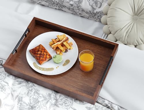 Fibogollo Bamboo Serving Tray with Metal Handles,17x12in Ottoman Decorative Trays Platter for Coffee Table,Living Room,Bar,Party,Large(Brown) - style: Brown-Large