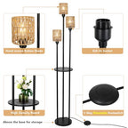 Dimmable Boho Floor Lamps for Living Room, 3-Lights Farmhouse Floor Lamp with 3-Way Foot Switch, Rattan Floor Lamp with Shelves, Rustic Standing Lamp with Rattan Shades, Tall Lamps for Bedroom - style: Dimmable Black-Rattan Shade