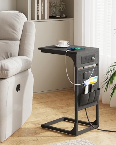 TUTOTAK C Shaped End Table with Charging Station, Side Table for Sofa and Couch with Storage, TV Tray Table with 2 USB Ports & Outlets - Black TB01BK024 - color: Black, size: 1 Pack (11.8"W), style: With Plug