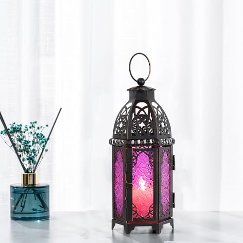 DECORKEY Halloween Lanterns Decorations Indoor & Outdoor, 11’’ Medium Size Vintage Metal Hanging&Tabletop Candle Holder Decor, Christmas Ramadan Decorations for Home Porch Patio (Purple) - color: Purple - 11''h, size: Medium