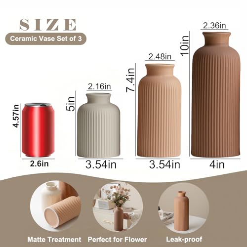 Large Modern Ceramic Vase Set, Coffee Ribbed Matte Design, 3-Piece Decorative Vases for Home, Living Room, Office (XL Coffee Mix) - color: XL Coffee Mix