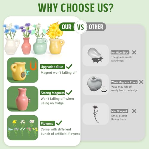 8PCS Mini Ceramic Vase Fridge Magnets, Cute Tiny Flower Vase Fridge Magnets with Artificial Flowers for Refrigerator Office and Kitchen Cabinet Decoration