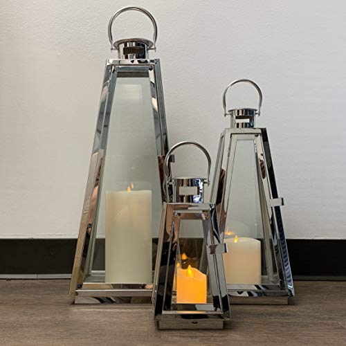 Allgala 3-PC Lantern Set 24 Inch Jumbo Deluxe Modern Indoor/Outdoor Candle Lantern Set Silver Chrome Stainless Steel Tapered Trapezoid Frame with Tempered Glass for Garden Patio Fireplace Wedding - color: Taper Silver