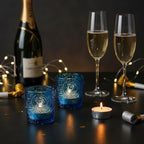 12 Pack Patented Sun Moon Star Embossed Glass Tea Light Candle Holders - Unique Votive Candle Holders for Wedding, Party, and Table Centerpieces (Ocean Blue) - color: Ocean Blue
