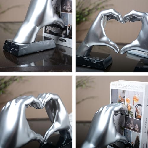 HAUCOZE Decorative Book Ends Heart Hand Statue Sculpture Modern Home Decor Table Centerpiece Gift for Office Bookshelf Silver 12.2 Inch - color: Silver