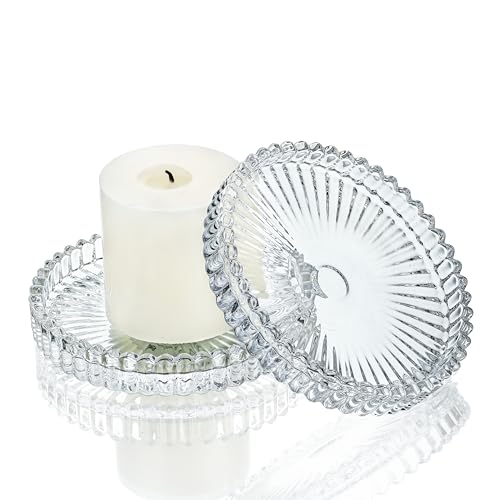 kanpura 3.5 Inch Glass Pillar Candle Holder Set Set of 2 Gear Round Candle Plate Flat Candle Stand for Table Centerpieces,Party, Wedding Home Decor - color: Clear