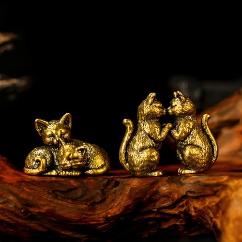 Solid Brass Cat Couple Sculpture Set - Two Style Affectionate Cat Figurines 100% Pure Brass, Handmade Vintage Collectible, Mid-Century Modern Desk Oddity for Home Office & Romantic Gift - Snuggle up - color: Couple Snuggle Up Cat
