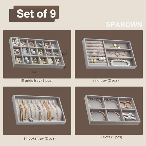 SPAKOWN Jewelry Trays Organizer for Drawer, 9 Set of Small Jewelry Display Case Storage Velvet Stackable Drawer Inserts Organizer for Necklaces Bracelets Earrings Rings (Grey) - color: Grey