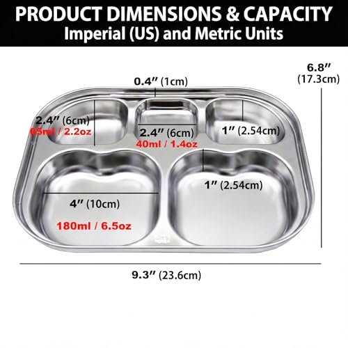 Korean Stainless Steel Divided Plates for Toddlers, Kids, Babies, Premium 304, Electro-Polished, No Black Residue, BPA-Free, 5-Compartment Food Tray, Camping, Picky Eaters, Set of 2 - size: 5 Compartments