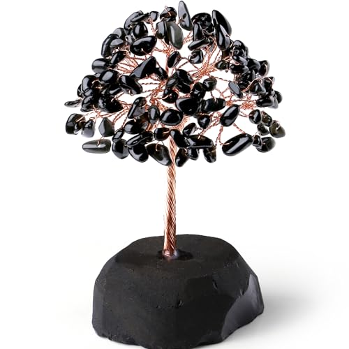 QINJIEJIE Black Obsidian Crystal Tree Healing Crystals Natural Stone Base Gemstone Tree Copper Wire Chakra Tree Life Tree Luck Tree Energy Desk Decor Spiritual Gift Meditation - color: Black Obsidian, size: 5.2 in