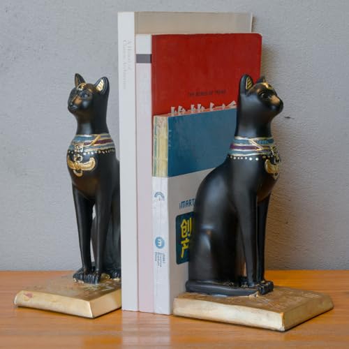 Book Ends Retro Cat Decorative Bookends, Vintage Antique Heavy Duty Egyptian Cat Hold Books Collectors, Black Decor for Office/Shelves/Living Room Father (Black) - color: Black