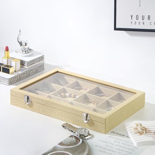 Coward Jewelry Organizer Box, Yellow Linen 12 Grids Bracelet Bangle Necklace Jewelry Display Tray Case with Transparent Glass Lid for Home Drawer Desk or Store Selling Show - color: Yellow Linen, size: 12Grids Box