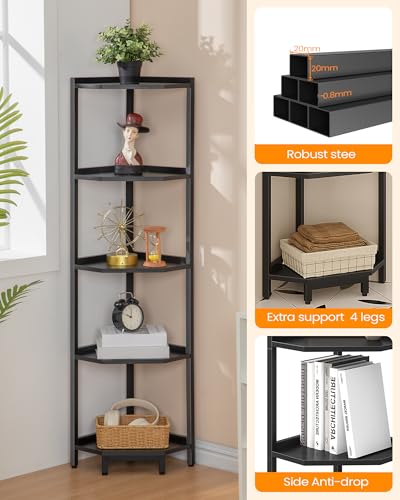 Hzuaneri Corner Shelf Stand, Corner Bookshelf, Storage Standing Shelf Unit with Metal Frame, Plant Stand, Bookcase for Living Room, Home Office, Bedroom, 5-Tier Black CS05906B - color: Black, size: 5 Tier