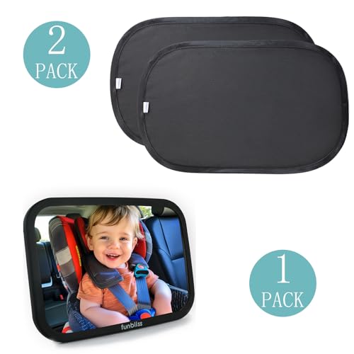 Funbliss Bar Mirror for Baby + 2 Pack Car Window Shades Bundle (19″ × 12″), UPF 50+ Window Shade for Baby in Car, 360° Rotation Fully-Adjustable Straps - color: Mirror + sunshade