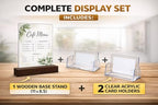 Acrylic display stands. For 11 x 8.5 brochures with 2 card holders and wooden base, ideal for displaying restaurant menus, office brochures, and business cards.