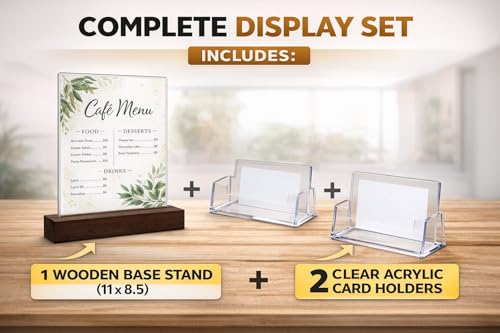 Acrylic display stands. For 11 x 8.5 brochures with 2 card holders and wooden base, ideal for displaying restaurant menus, office brochures, and business cards.