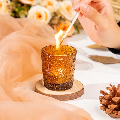 6 Pack Sun Moon Star Embossed Glass Tea Light Candle Holders - Votive Candle Holders for Wedding, Party, Home Decor, and Table Centerpieces (Chestnut Brown) - color: Chestnut Brown