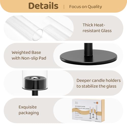 Black Hurricane Glass Candle Holders Set of 3, Tall Metal Taper Candle Stick Holder, Clear Candlestick Holders, Table Centerpieces Decor for Dining Dinner, Weddings, Christmas Fireplace Decorations - color: Black