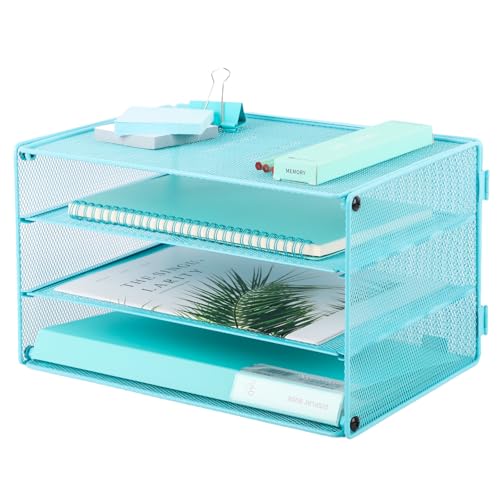 EASEPRES Paper Organizer Tray, 3 Tier Mesh Desk File Organizer Letter Sorter Holder for Home Office, Blue - color: 3 Tier Blue
