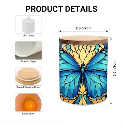 Stained Glass Butterfly Home Decoration Tea Light Candle Jar Candlesticks, LED Tealight Candleholder, Blue Flowers Tealight Candle Holders with Bamboo Lid for Table Centerpiece Party Decor - color: Butterfly