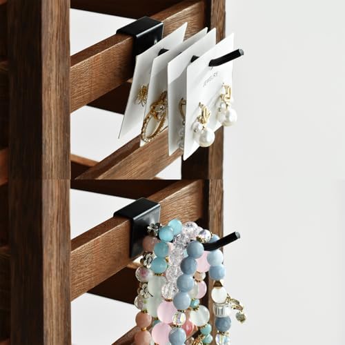 Ikee Design Free Assemble 2 Pcs Set Wooden Jewelry Display Rack with 20 Removable Metal Hooks/Each, Earring Card Display Holder Stand for Necklaces,Bracelet, Keychain Stand, Brown Color - color: 9) Brown, 2 Pieces