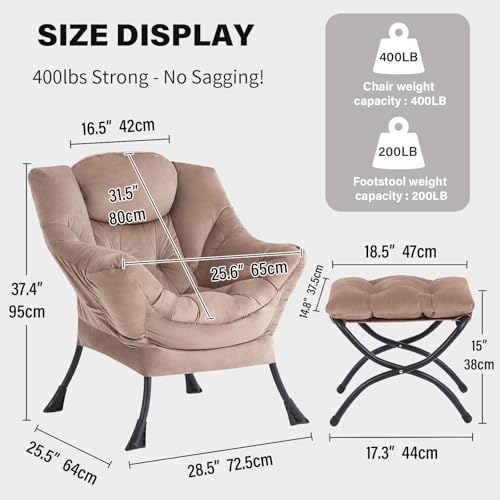 Tiita Lazy Chair with Ottoman, Khaki Modern Large Accent Chair, Comfy Leisure Sofa Armchair with Ottoman, Reading Chair with Footrest for Bedroom, Living Room, Dorm Rooms, Velvet Khaki - color: Khaki