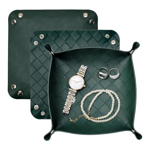 UnionBasic Small Valet Tray, Jewelry Tray for Rings Watches Earrings, Entryway Catchall Caddy for Coins Keys Change, Nightstand Bedside Valet Holder, Trays for Electronic Gadgets, Woven Vintage Green - color: Woven Vintage Green, size: 5.4" x 5.4" x 1.6"