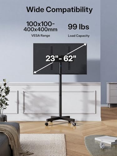 PERLESMITH Rolling TV Stand for 23–62 Inch TVs, Outdoor Mobile TV Cart Holds up to 99 lbs, Portable TV Stand on Wheels for Bedroom and Living Room, Max VESA 400x400mm, PSTVMC04B-B - size: 23-62 Inch