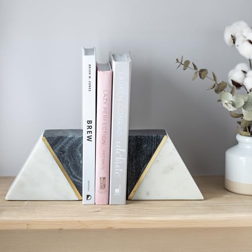 Cork & Mill Marble Book Ends for Shelves, Decorative Bookends for Heavy Books, Unique Mid Century Modern Gray and White Bookends with Brass Inlay, Heavy Duty Bookshelf Stopper, Set of 2 - color: White / Grey + Brass